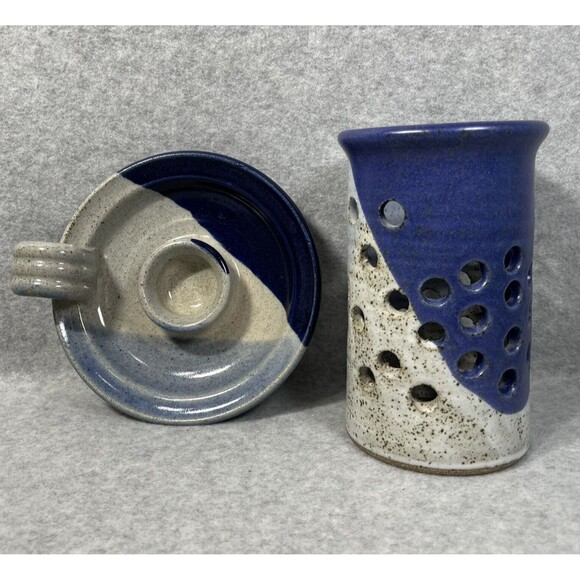 Pottery Candlestick Holder With Luminary Votive Shade Stoneware Blue Glaze 2 Pc - Picture 4 of 14